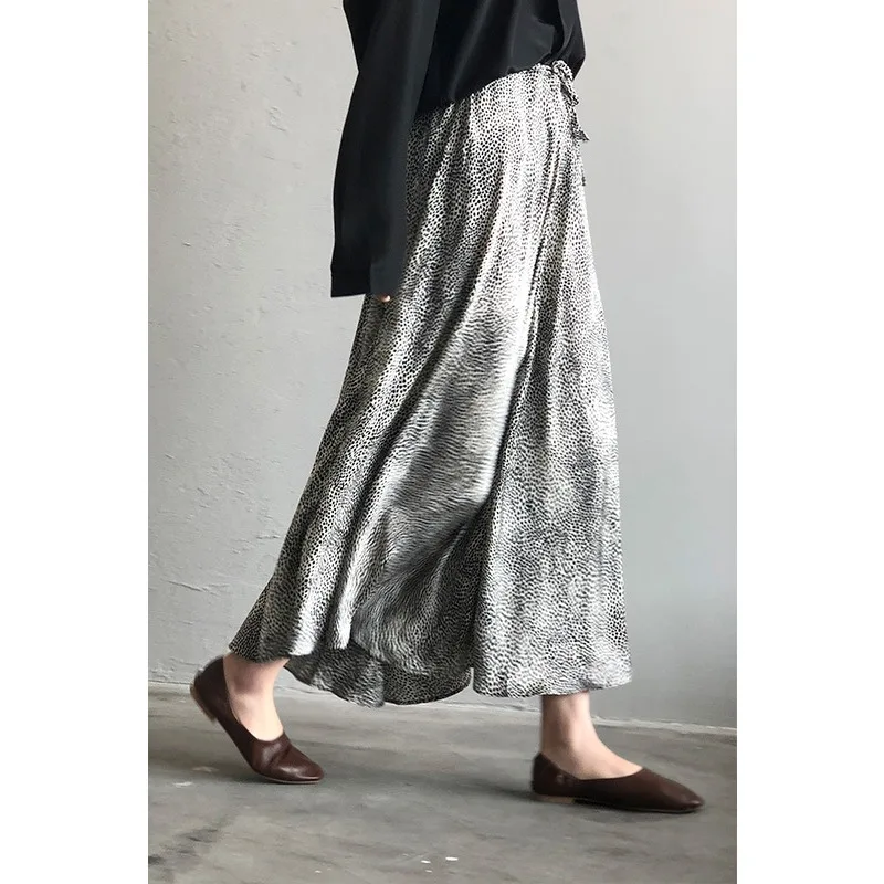 

2023 Spring Summer Women Leopard Print Satin Skirts Elegant Chic High Waist A-line Long Skirt Female