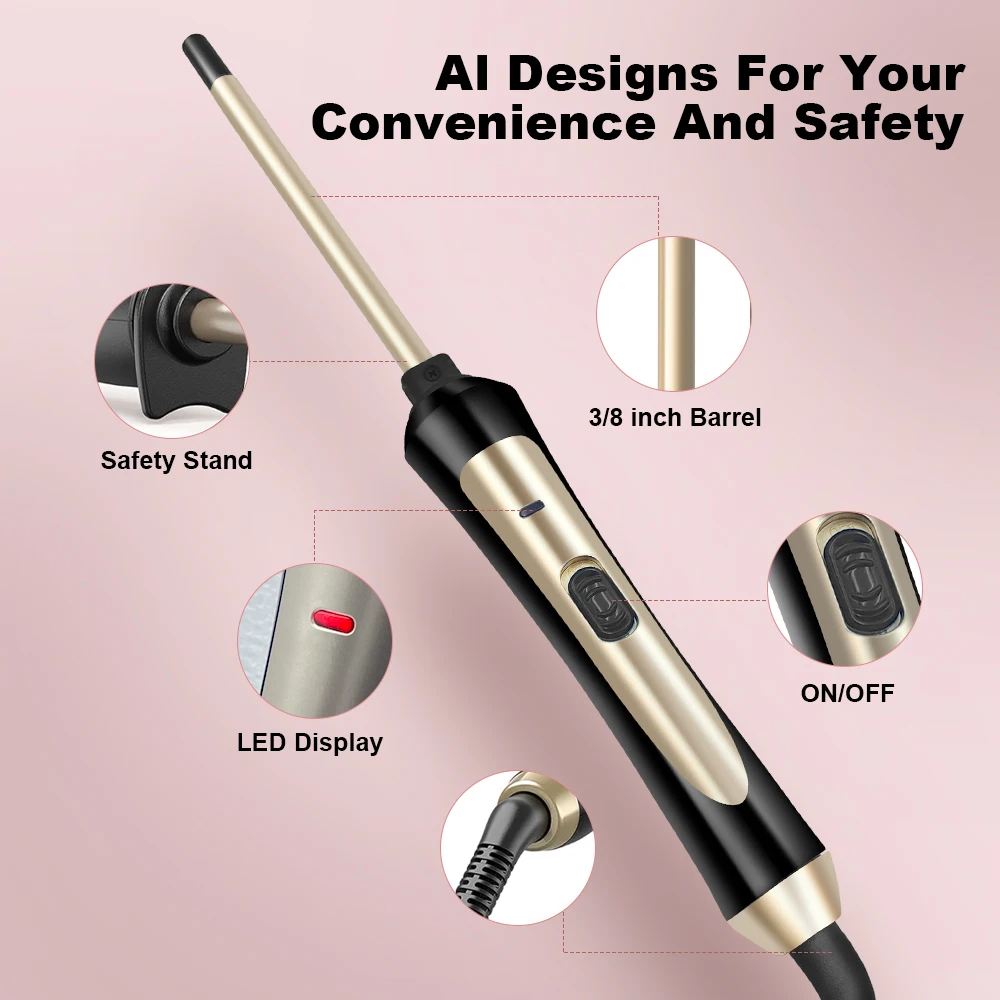 9mm Hair Curling Iron Small Barrel Hair Curling Wand For Short & Long Hair Ceramic Wand Iron Instant Heat Up