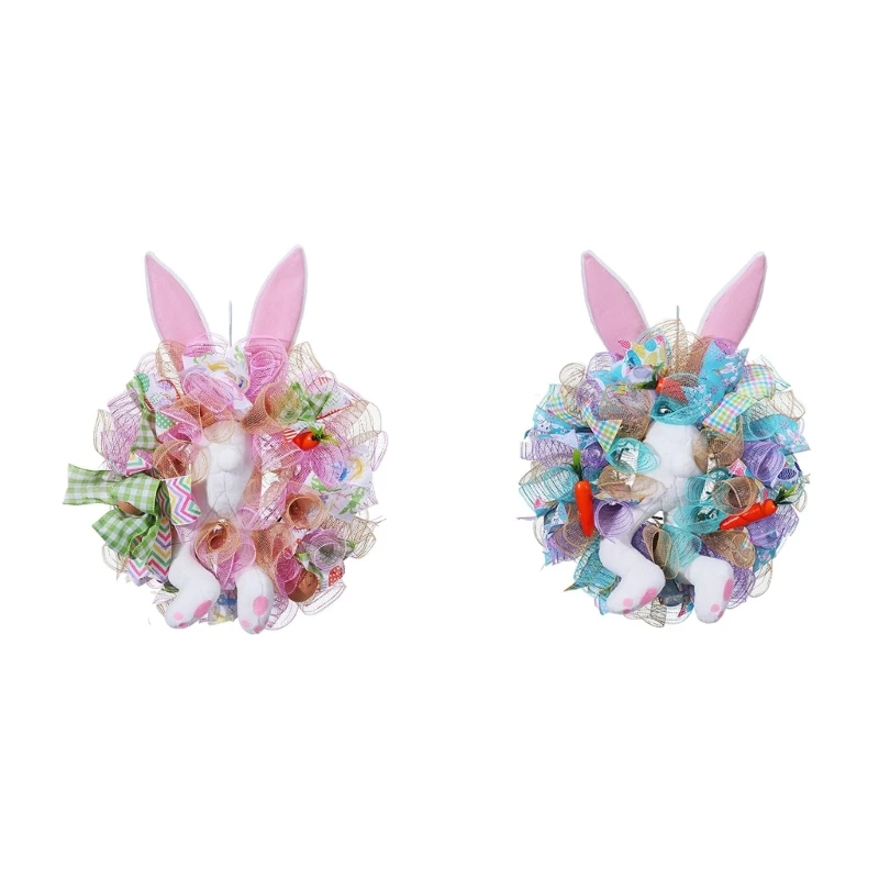 

KX4B Easter Celebration Flower Wreath Soft and Reusable Wreath Easter Rabbit Door Decoration for Easter Parties Gatherings