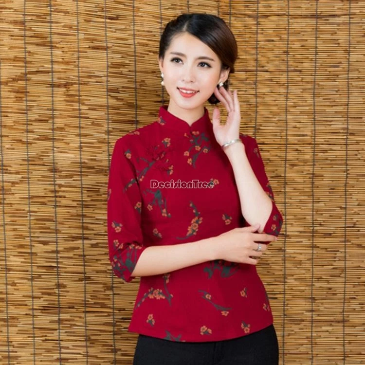 Chinese Seven-point Sleeve Women's Retro Printed Cheongsam Top Improved Cotton Linen National Style Tang Suit Blouse w581