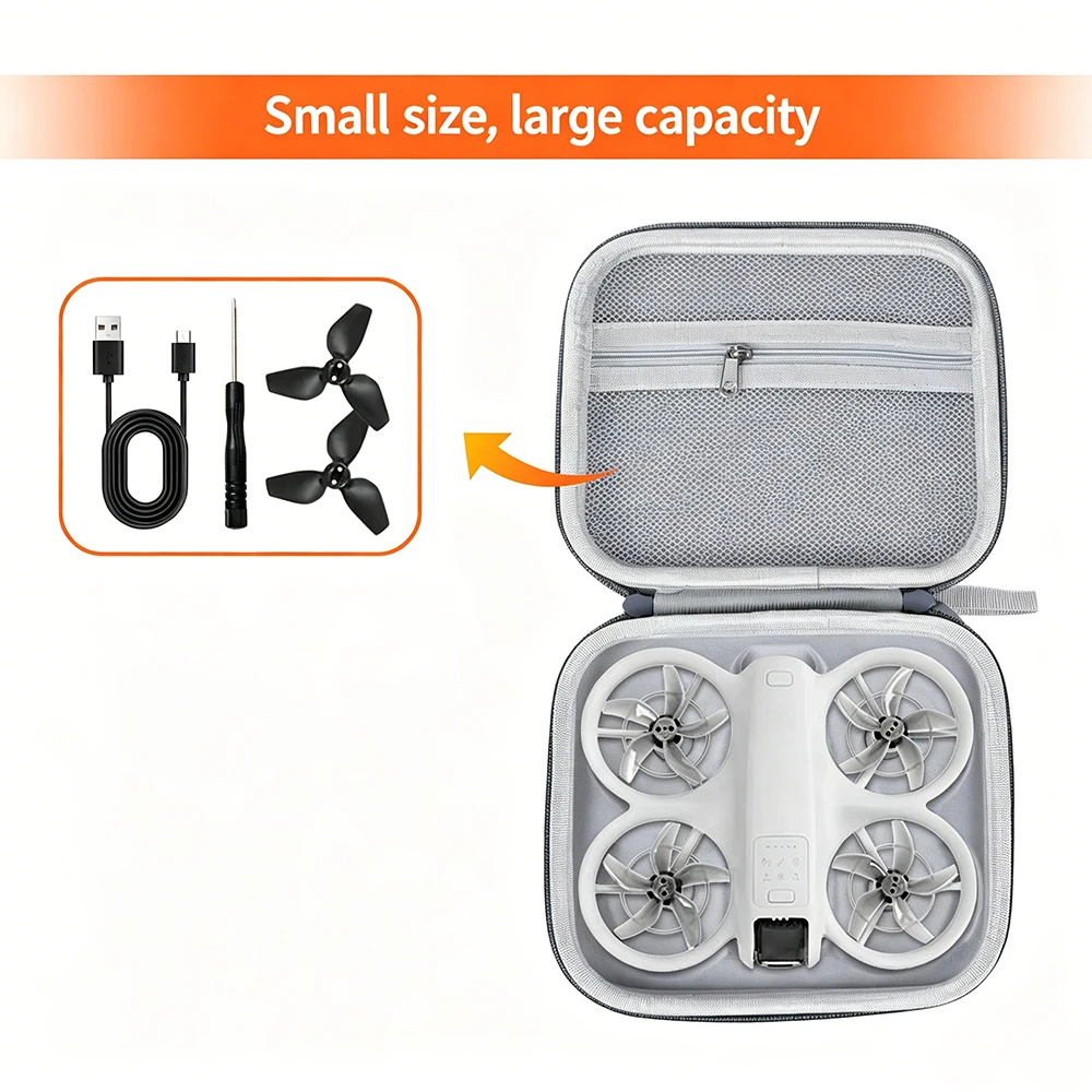 Sac de transport antichoc pour DJI Neo posé sur une table, avec le drone à côté prêt à être rangé dans la coque rigide.