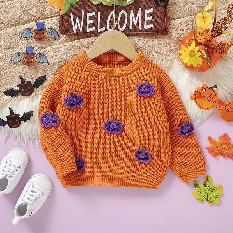 Baby Sweater Long Sleeve Crew Neck Pumpkin Warm Winter Pullover Sweater Halloween Clothes for Girls Boys