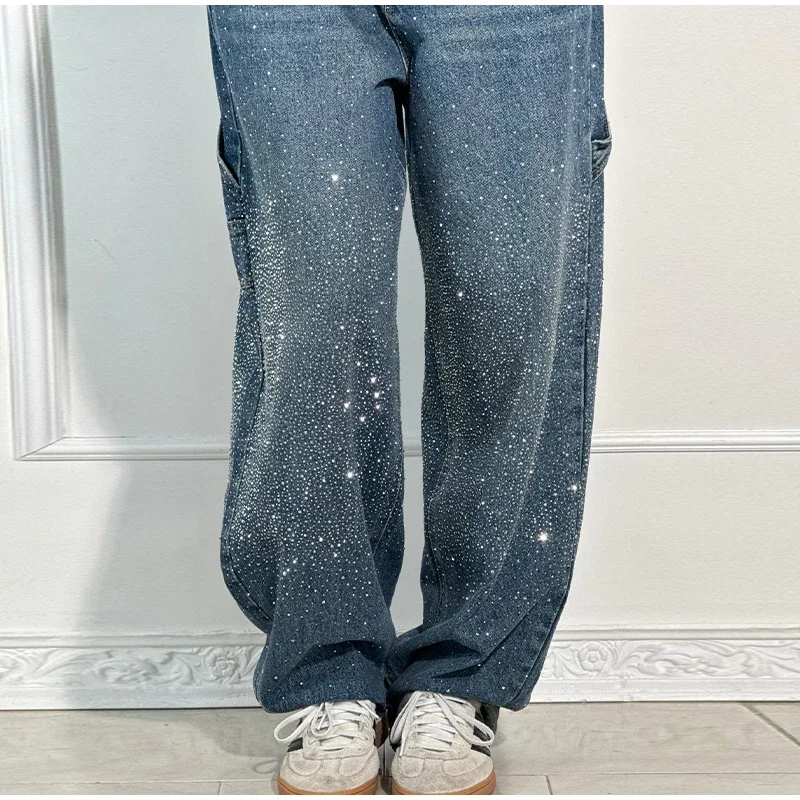 Shiny Rhinestone Baggy Women's Wide Leg Jeans Full Diamond Wide