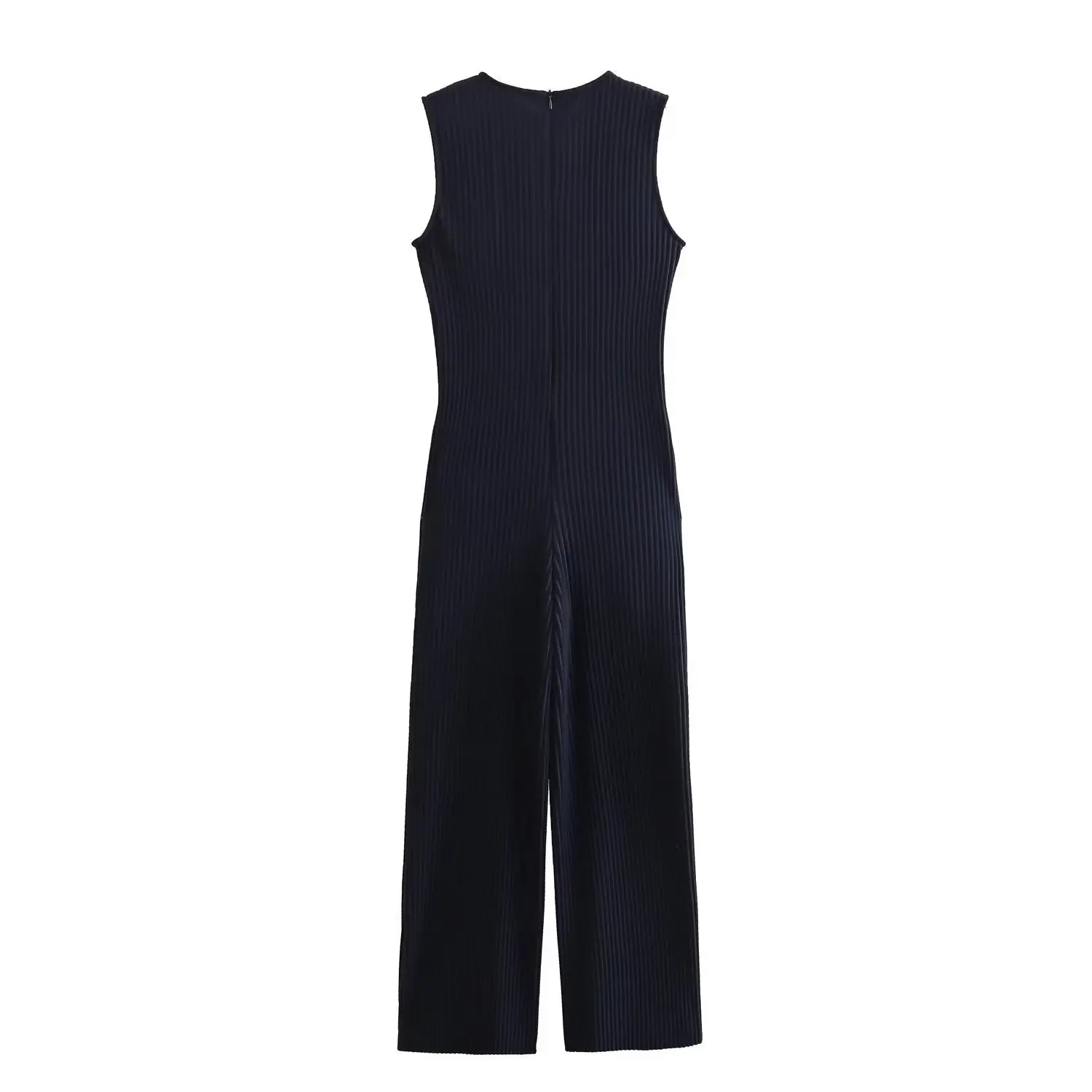 Withered French Elegant Navy Blue Knit Pleated Jumpsuit Fashion Ladies Casual Commuter Sleeveless Jumpsuit Overalls Women