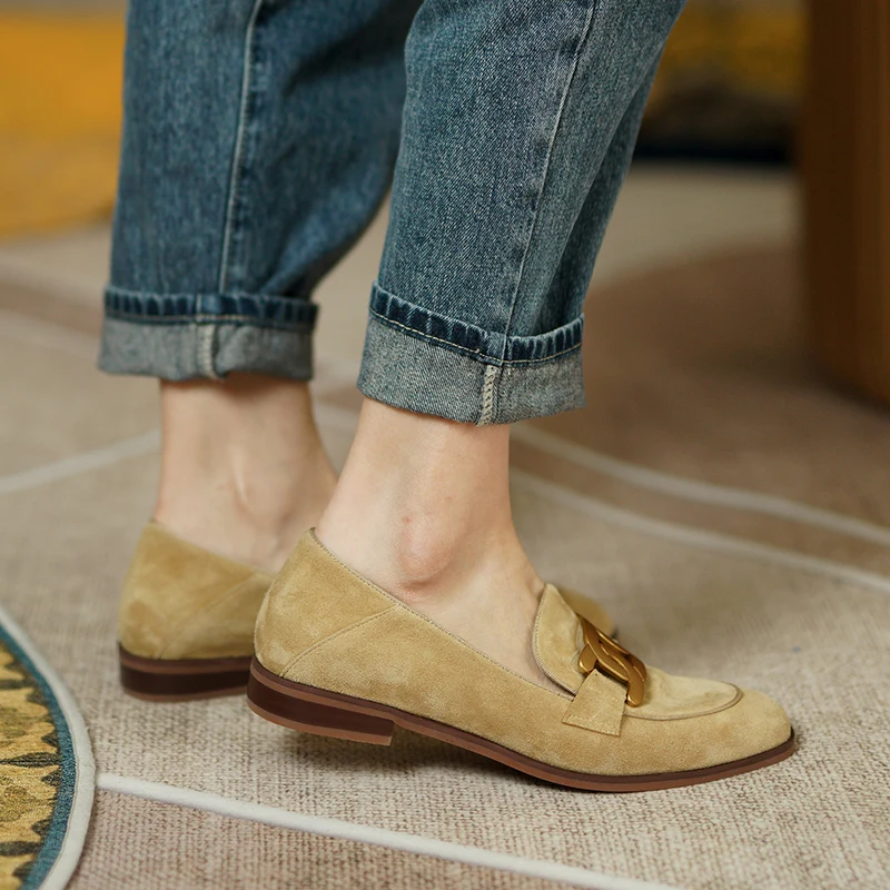 Women Shoes Genuine Leather Flats Loafers Round Toe Sheep Suede Metal Decor Slip-on Footwear Ladies Cozy Casual Shoes casual flats