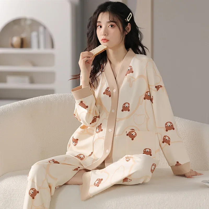 Japanese Kimono Autumn Winter Women Pajamas Sets Faux Cotton Long Sleeves Homesuits Casual V-neck Lapel Sleepwear 2023 New hanxiuju vintage cotton v neck cardigan beige pajamas sets for women spring autumn long sleeve kimono loose sleepwear suits