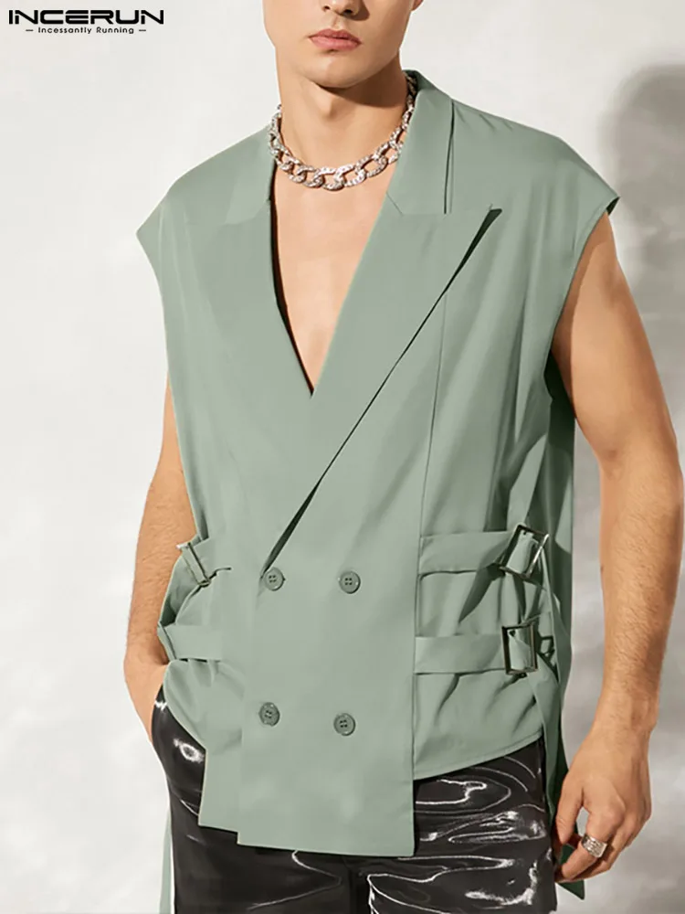 

Fashion Men Casual Vests Solid Lapel Double Breasted Lace Up Streetwear 2023 Waistcoats Long Sleeve Thin Blazer Vests INCERUN