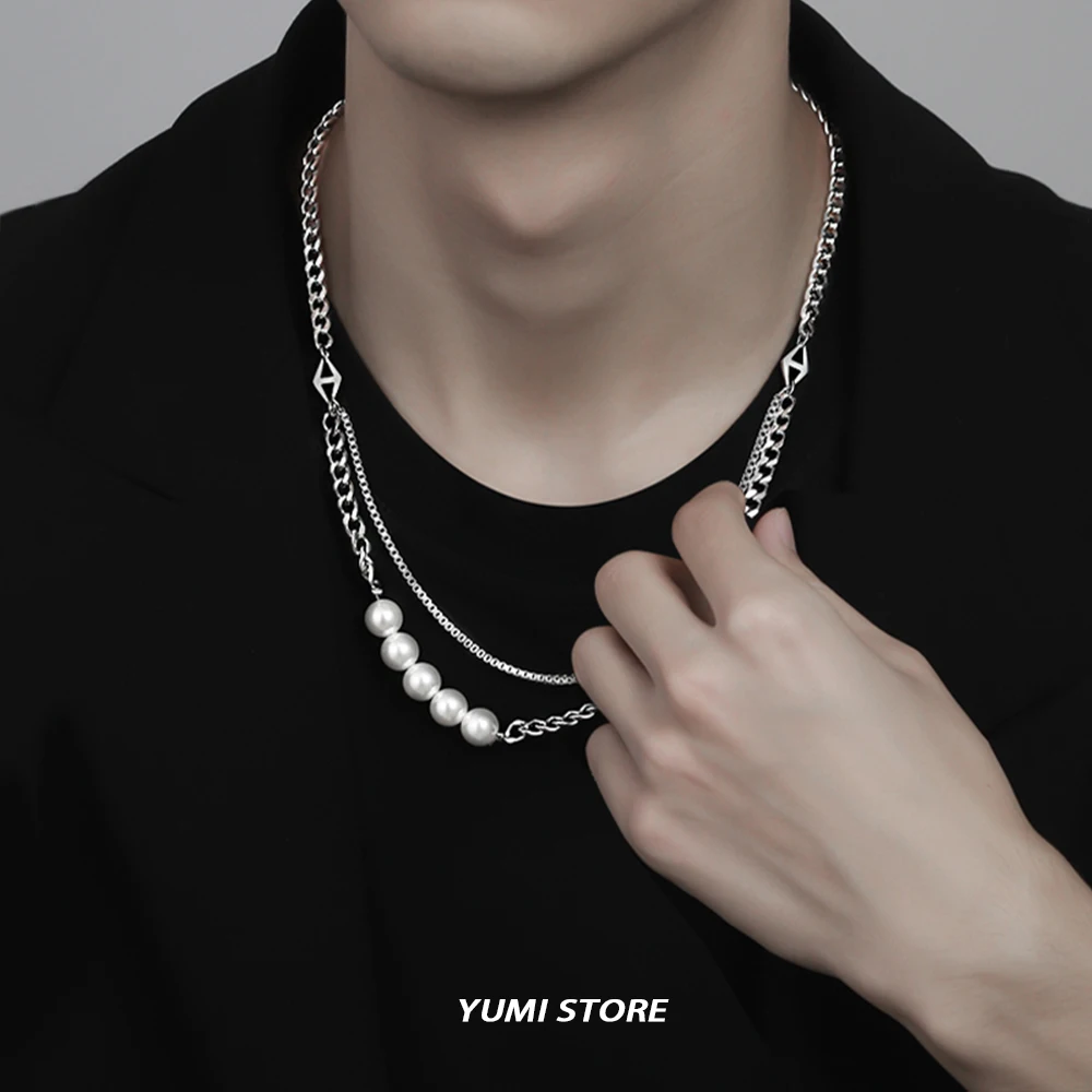 Hip Hop Double Layer Pearl Necklace for Man Woman Titanium
