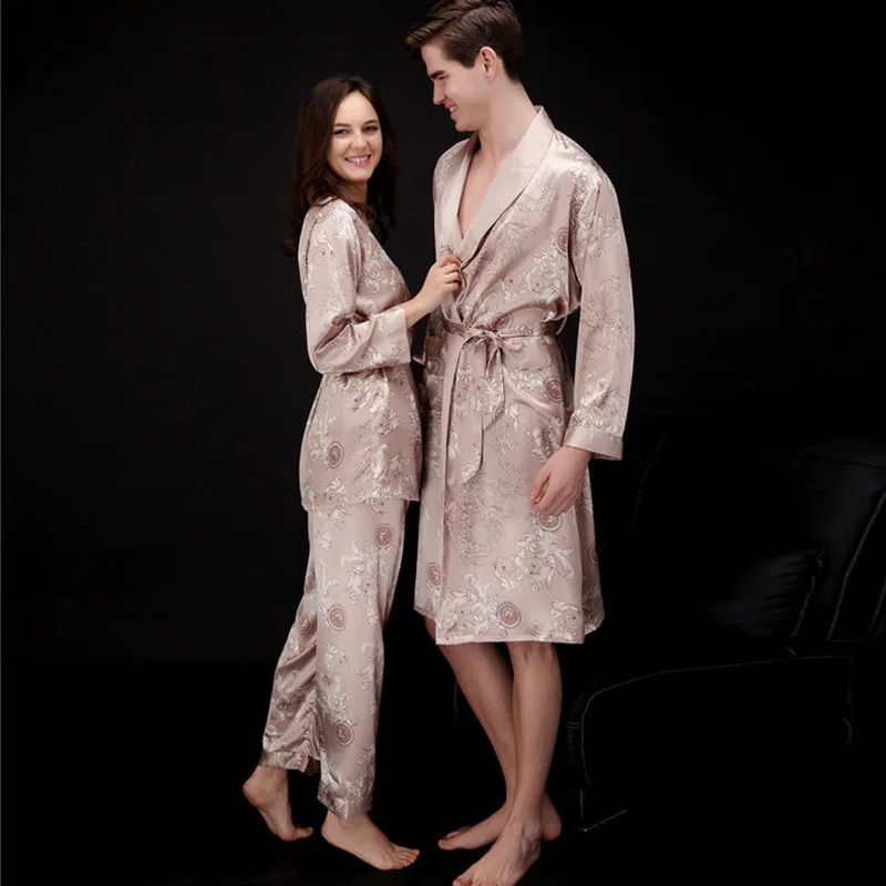 Silk Satin Robe Men's Bathrobe Nightgown Kimono Dressing Gown Bathrobe Women Sleepwear Couple Pajamas Sets