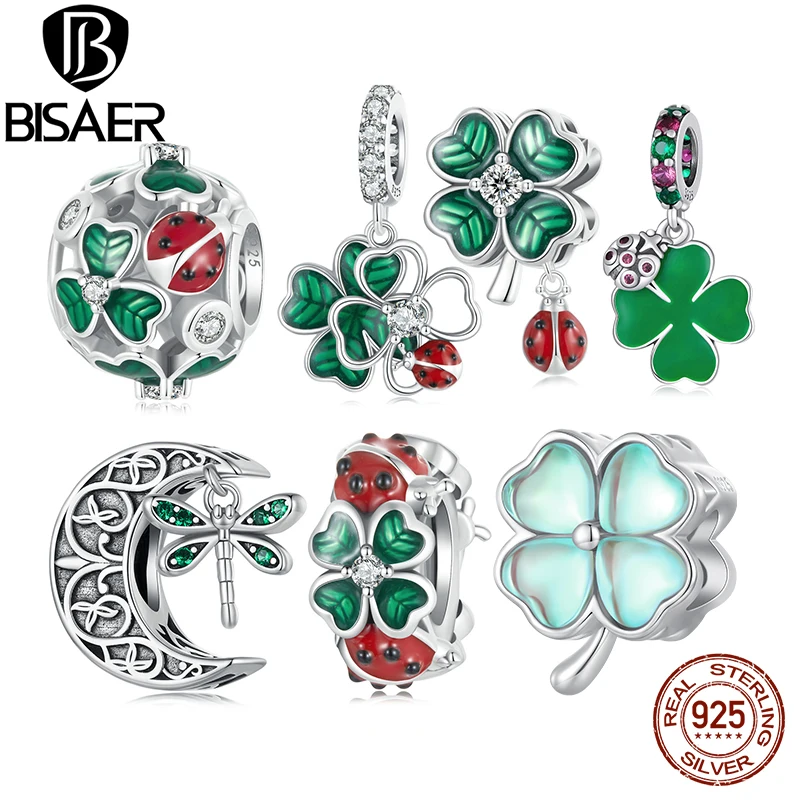 

BISAER 925 Sterling Silver Four-leaf Clover Charms Beads Green Enamel Ladybird Pendant for Lucky Woman DIY Bracelets Jewelry