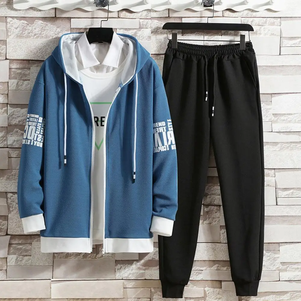 

1 Set Men Sweatshirt Sweatpants Letter Print Zipper Loose Hooded Streetwear Korean Style Jacket Pants Men Sportswear Set