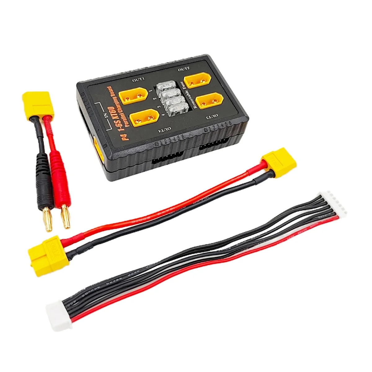 Détail des quatre canaux de la carte de charge parallèle XT60 4 en 1 pour batteries RC 1-6S 20A