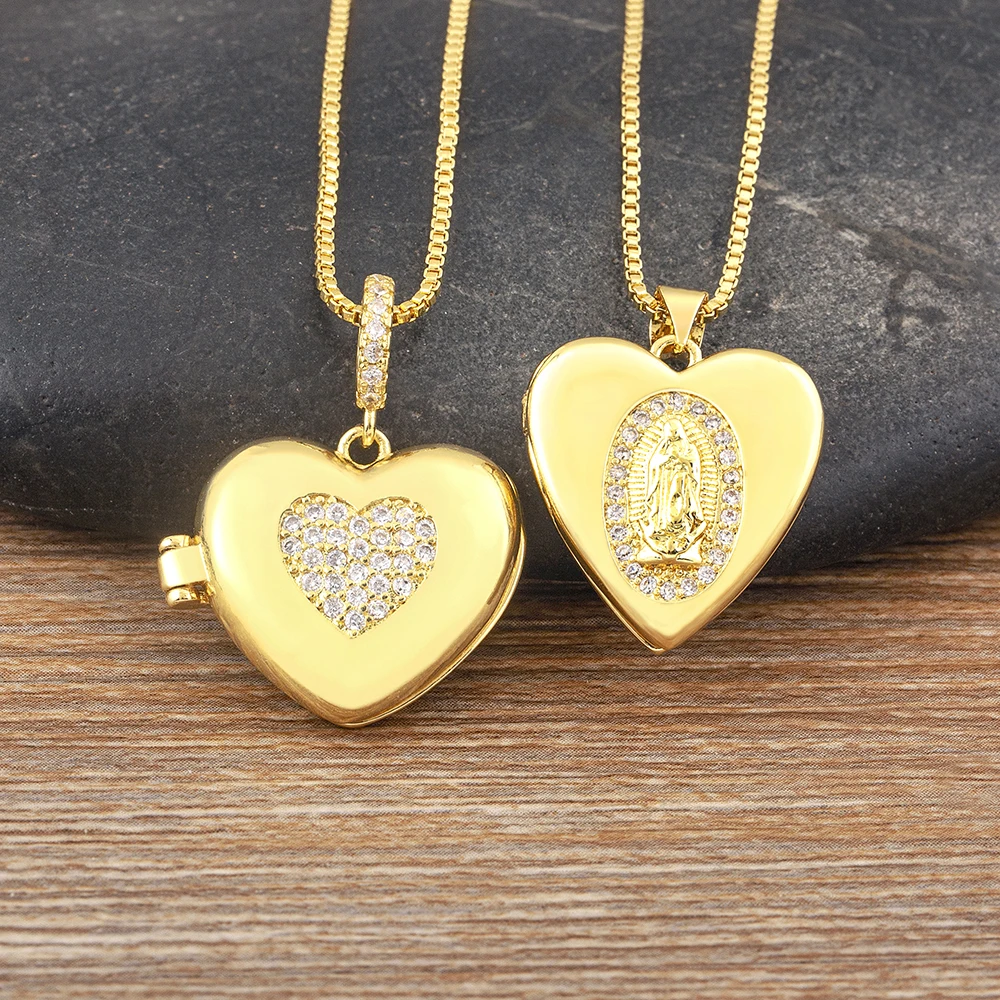 Nidin Fashion Gold Plated Heart Shape Virgin Mary Openable Necklaces for Women Mom CZ Crystal Chain Choker Party Jewelry Gift