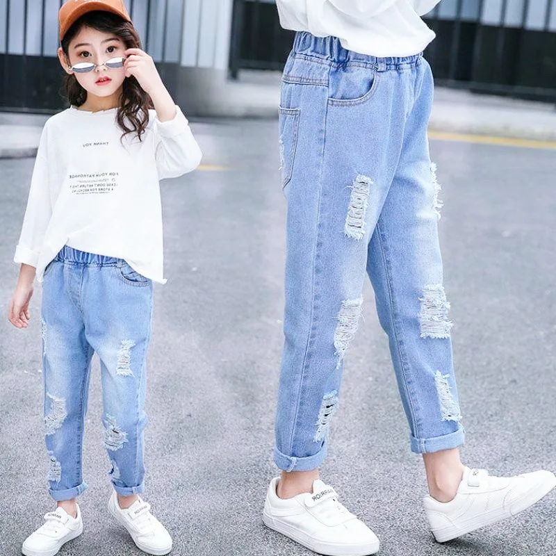 

Jeans For Girls Spring Autumn Baby Girl Jeans With Holes Cotton Fashion Children's Trousers Cartoon Print Denim 3-12 Year