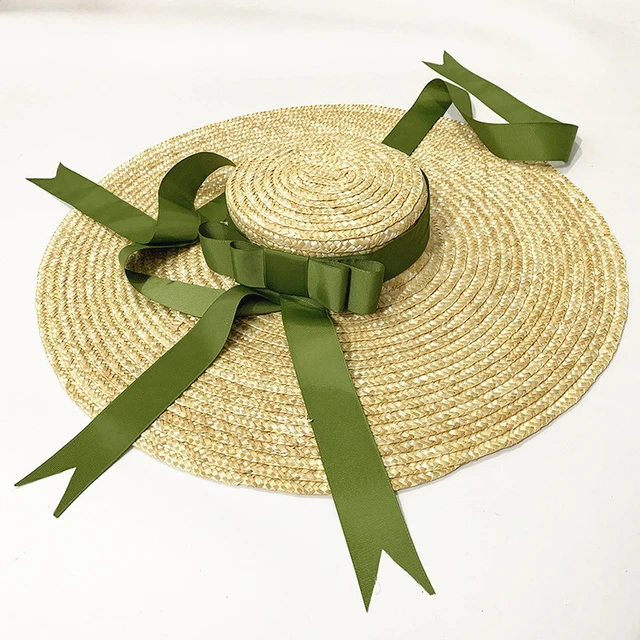 Women Ins Trend wide brim straw hat Summer Ladies Green ribbon bow floppy large  brim sun hat Sunscreen hat Flat Bow Beach cap - AliExpress