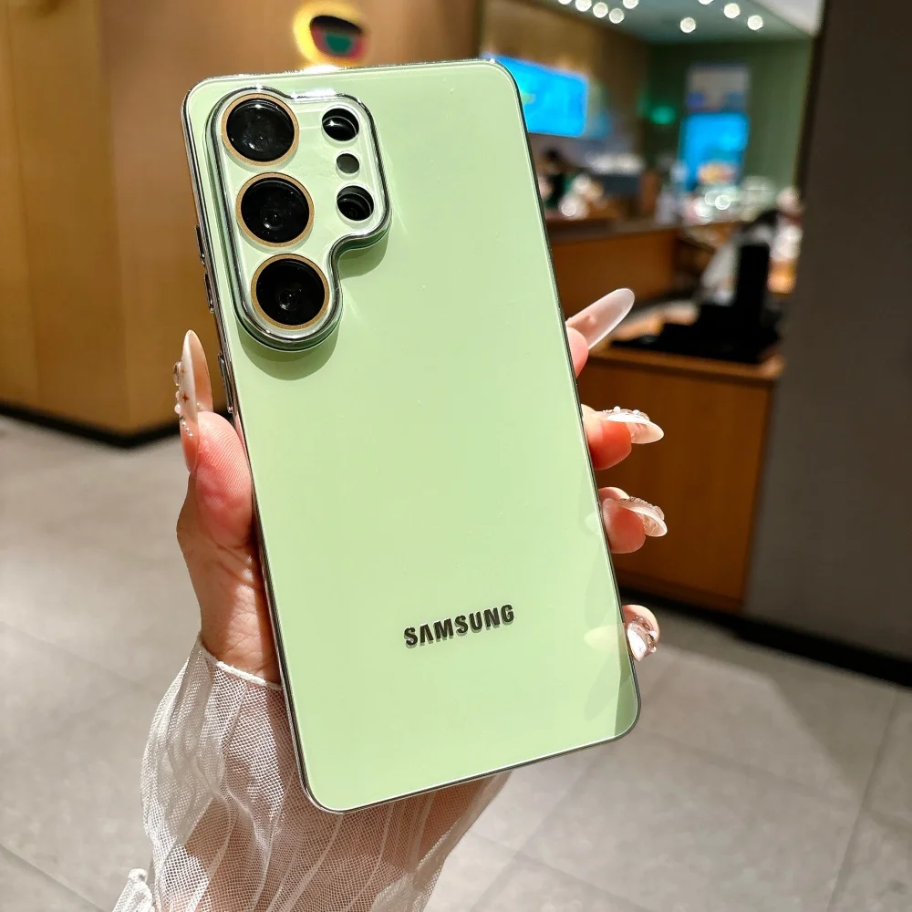 Luxury Solid Color Glass Phone Case For Samsung S26 S25 Ultra S24 FE S23Ultra Plating TPU Bumper Frame Lens Protection Cover