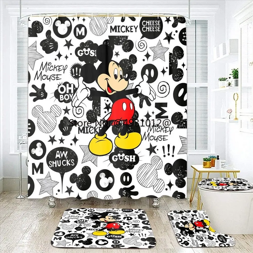

2023 Disney Mickey Mouse Bathroom Non-slip Mat Set Durable Waterproof Shower Curtain Set Pedestal Rug Lid Toilet Cover Bath Mat