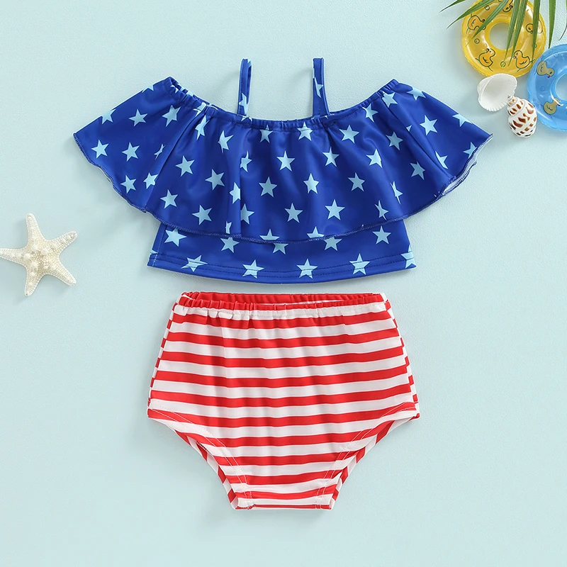 

Toddler Girls Two Piece Swimsuits Summer Ruffle Bikini Set Stars and Stripes Print Baby Bathing Suits