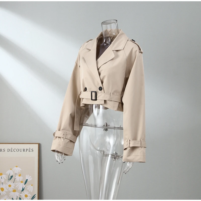 2023 herbst Mode Frauen Khaki Abgeschnitten Mantel Vintage Solide Langarm Mäntel Chic Tops Weibliche Casual Kleidung Streetwear – Detail 4