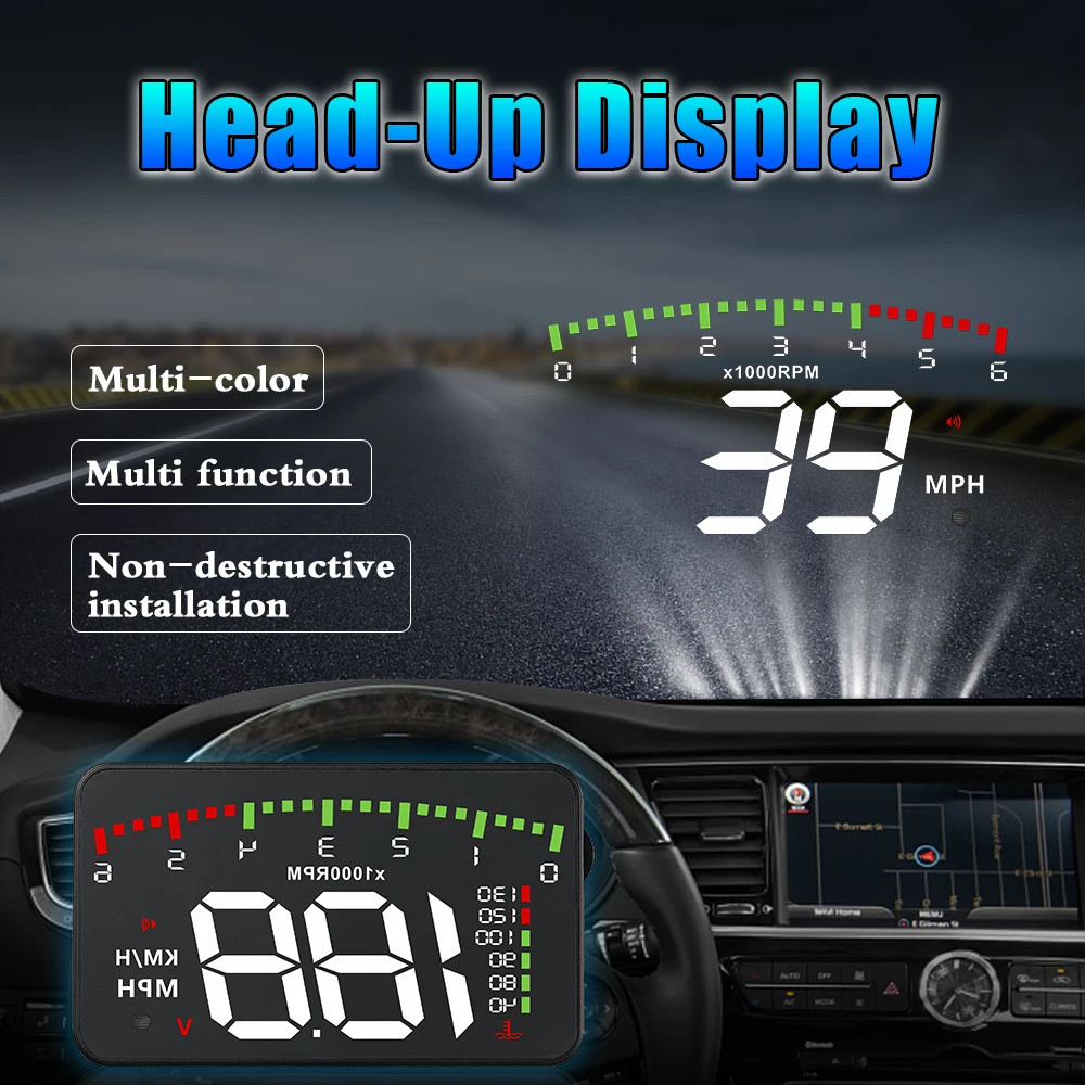RYSJM 자동차 OBD2 헤드업 디스플레이 자동차 HUD 다기능 속도계 타코미터 전면 유리 프로젝터 과속 경고 알람 포함