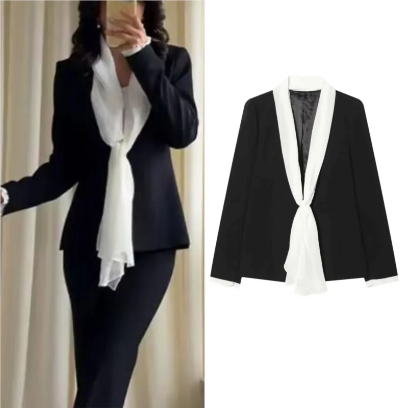 Women's Scarf Contrast Blazer 2026 Spring New Fashion V-neck Long Sleeve Coats Casual Female Office Outwears