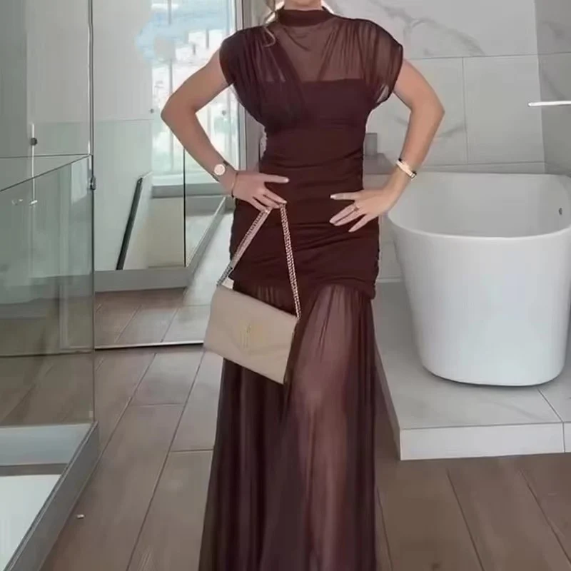 Gauze Wrinkle Splicing Long Dresses for Women Summer Backless Sexy Dress 2025 New Fashion Female Elegant Party Dresses