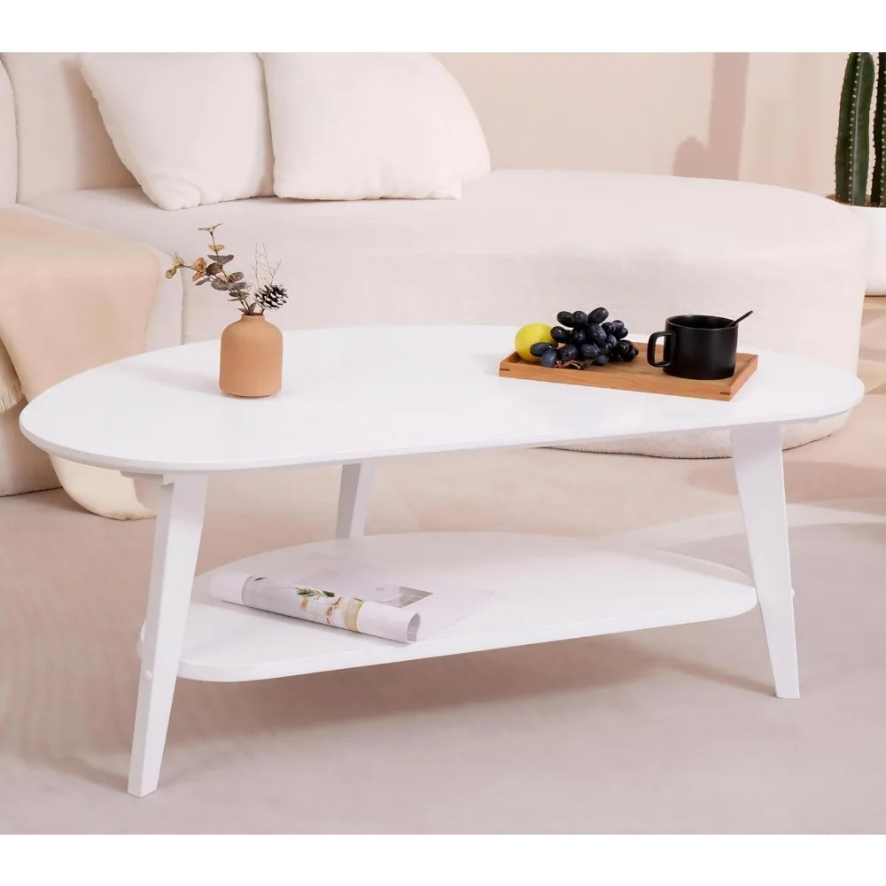 Mid Century Modern Coffee Table with Storage Shelf, Medium Oval Coffees Tables for Living Room