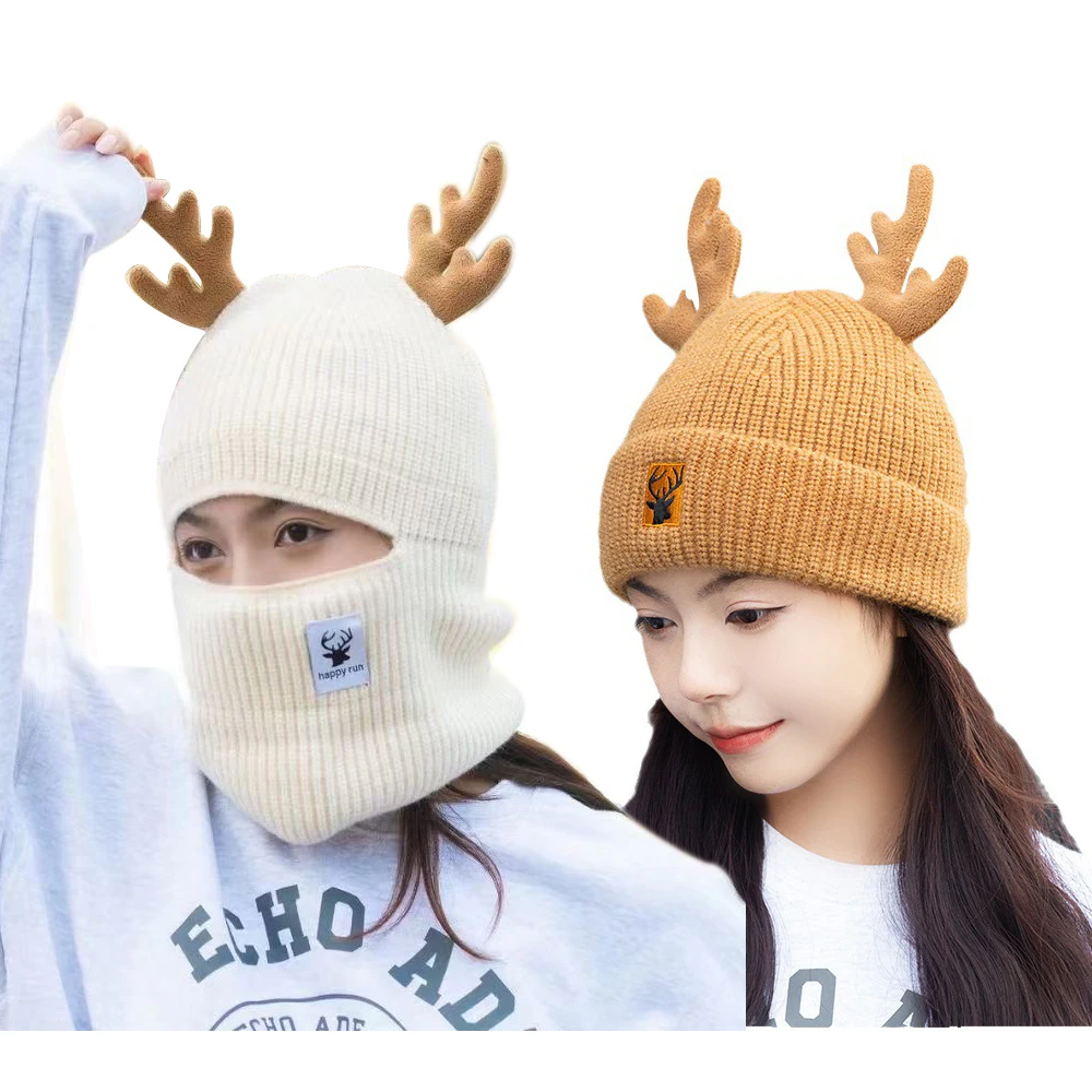 

Winter Christmas Warm Women Beanie Hats Santa Deer Horn knitted Earflap Cap Female Face Cover Ski Balaclava Skullies for Women