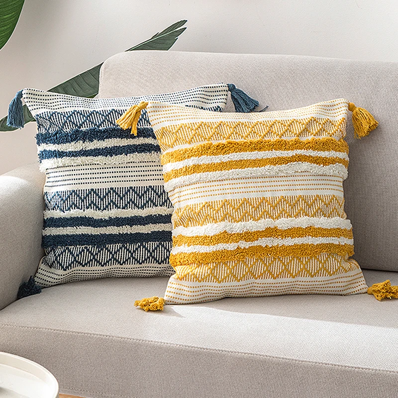 Boho Decor cushion cover Blue Yellow Black Tufted Jacquard Pillow cover