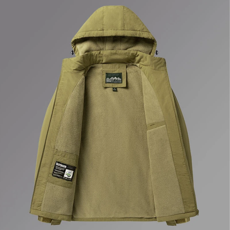 Waterproof Jacket Men Fleece Lined Warm Bomber Jacket Outdoor Windbreaker Autumn Winter Coat Thick Military Hooded Hiking Jacket