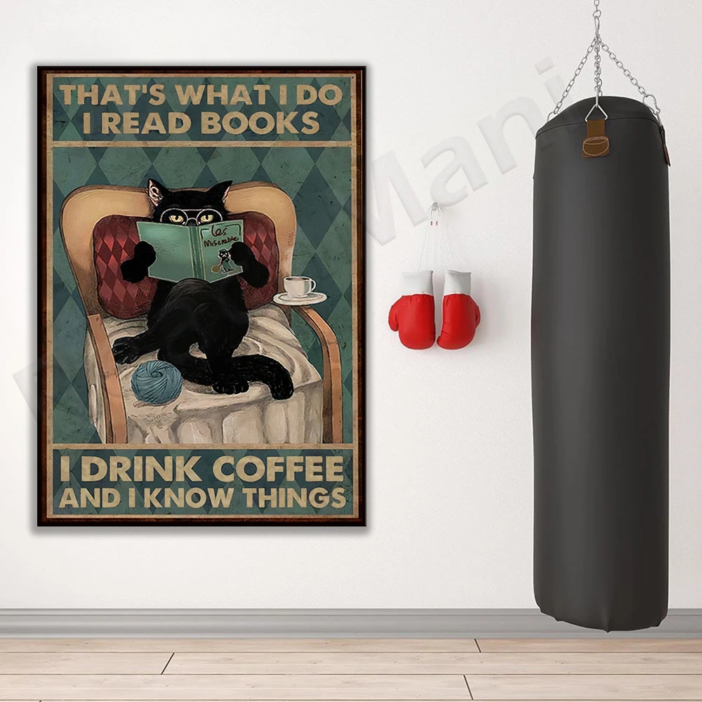 검은 고양이 포스터 이것은 내가 책 커피 마시고 내가 아는 고양이 연기 포스터 책 애인 캔버스 인쇄 레트로 고양이