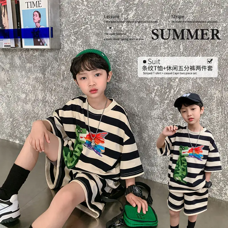 

Boys Summer Short-Sleeved Suit New Cartoon stripe T-shirt+Shorts Childrens Striped Sports Boy Leisure casual 2Piece Thin Sets
