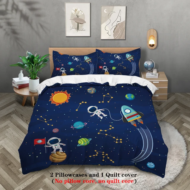 Ensemble de literie confortable 3 pièces ciel étoilé, planète spatiale, motif d'astronaute (1 housse de couette + 2 taies d'oreiller, sans noyau) 1