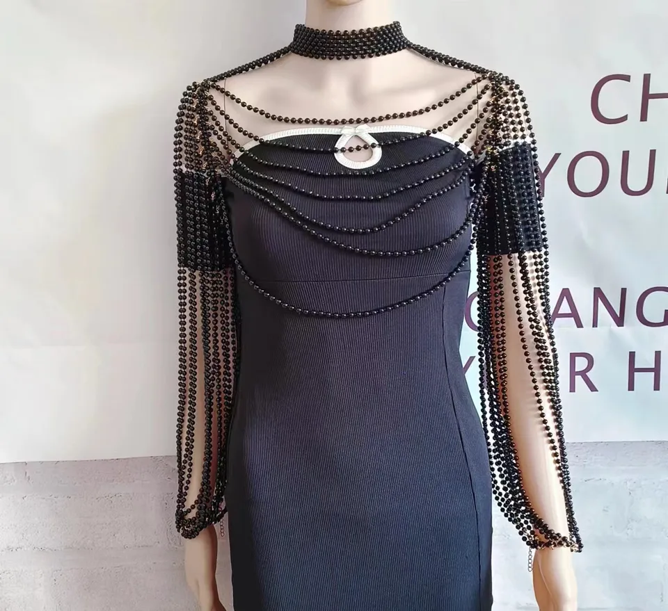 Women Pearl Tank Top Sexy Multiplayer Pearl Tassel Long Sleeve Bra