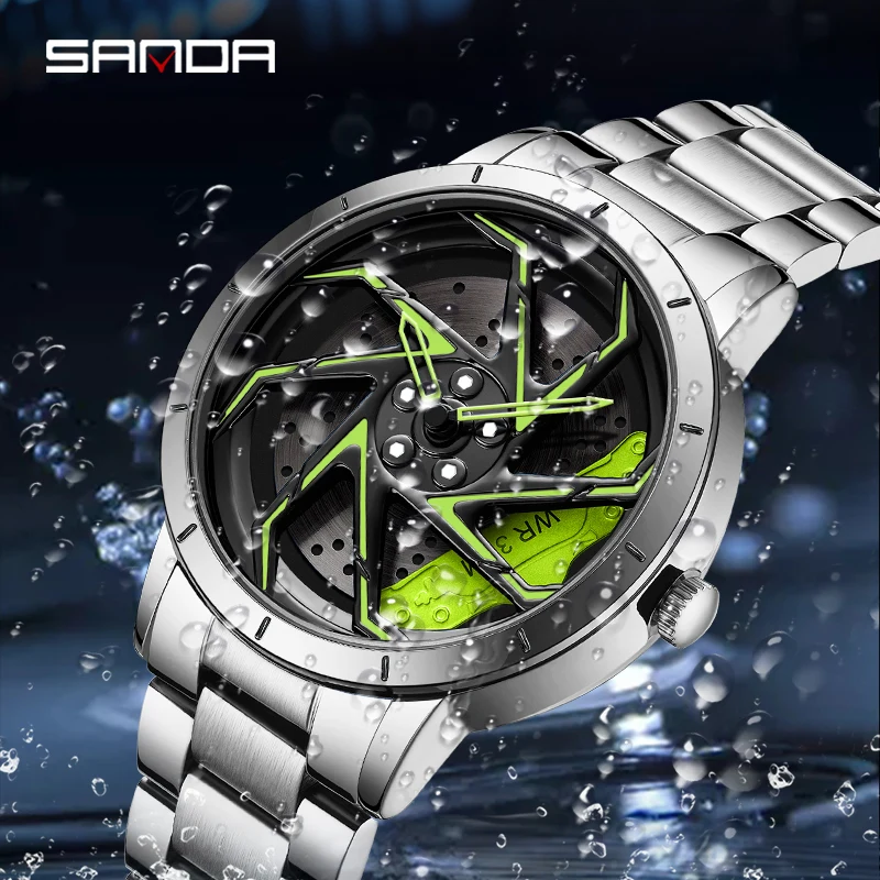 SANDA 2023 New Men Cool Racing Watch Blue Stainless Steel Strap 360° Rotating Dial Watch Mens Quartz Watches Waterproof Reloj