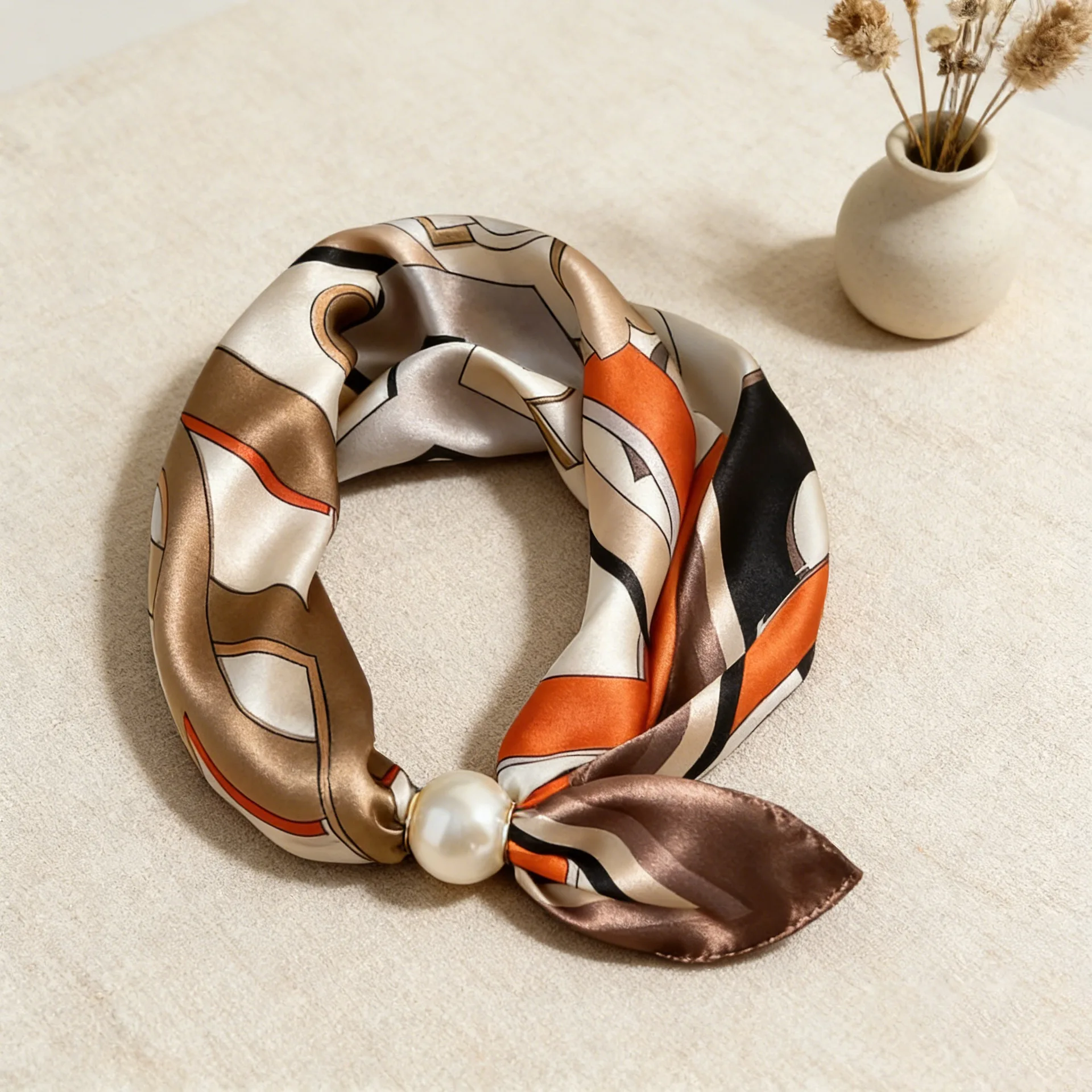 Spring Summer Thin Pearl Silk Scarves Magnetic Buckle Lazy Scarf Women Girls Sweet Elegant Pendant Collarbone Chain Neck Scarf