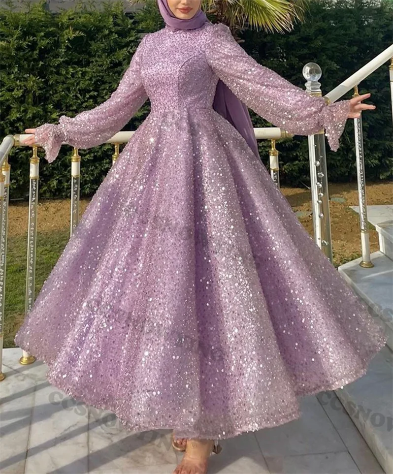 

Sparkly Sequin Beaded Muslim Evening Dresses Long Sleeve Hijab Islamic Formal Party Gowns Women Arabic Dubai Moroccan Caftan