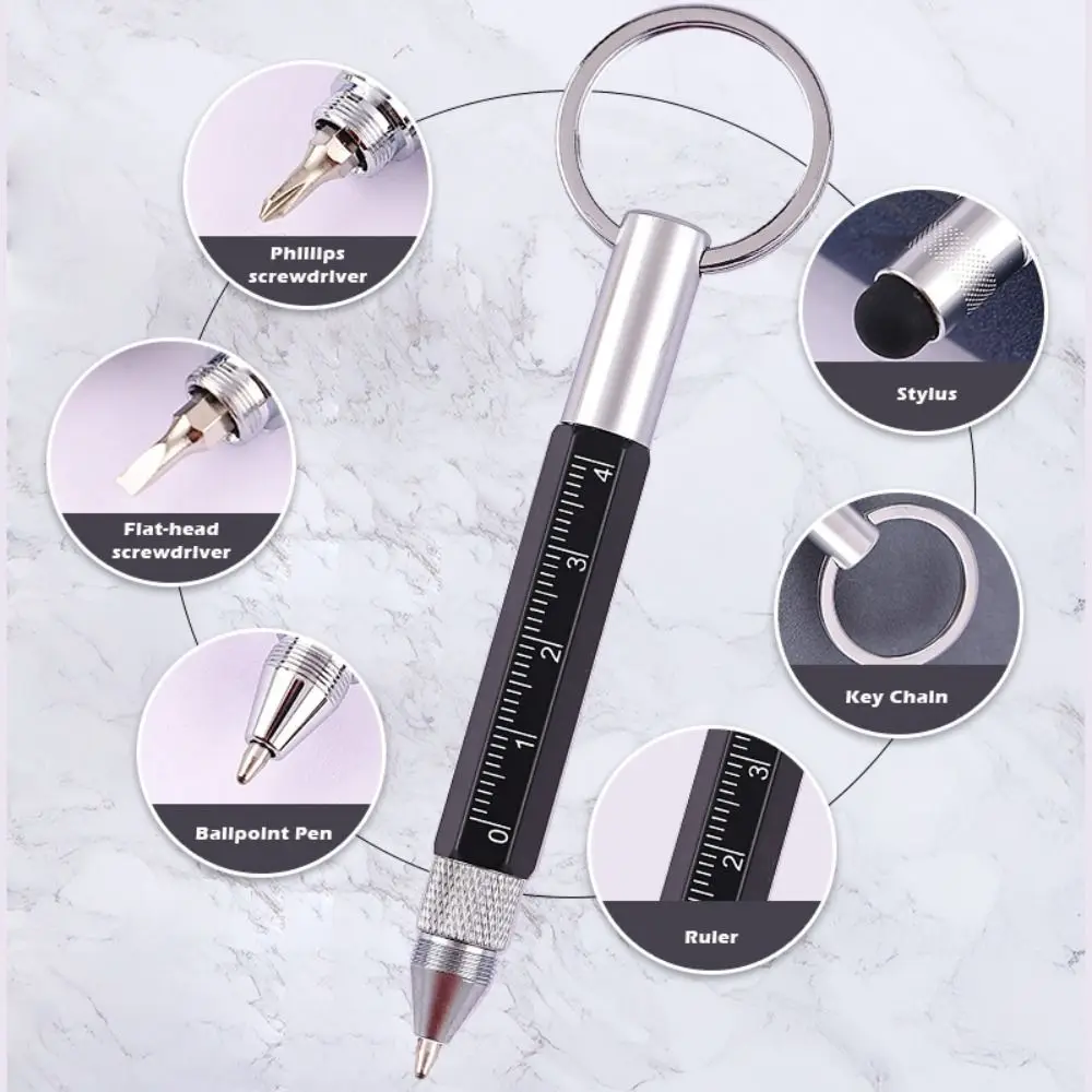 Robuster Metall-Multitool-Stift 6-in-1 mit Schraubendreher/Lineal/Stift, Outdoor-Werkzeugstift, kurzer Stil, kapazitiver Stift, Schreibzubehör – Detail 7