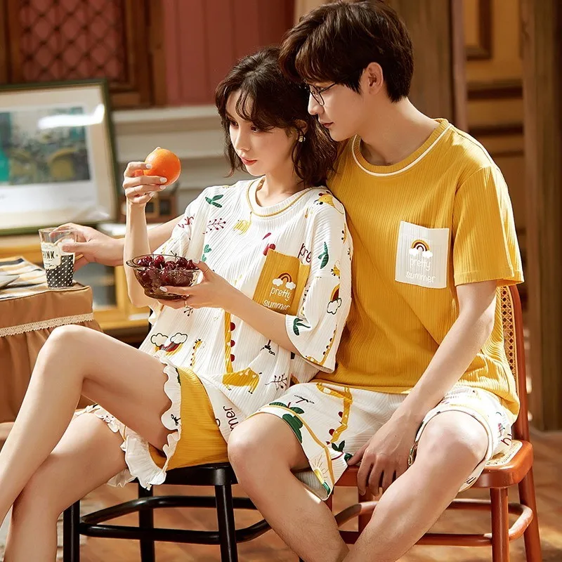 Cotton Cartoon Cute Sleepwear For Couples Summer Women Short Pajamas Set Men Nightwear Plus Size 3XL Pjs Loungewear Freeship