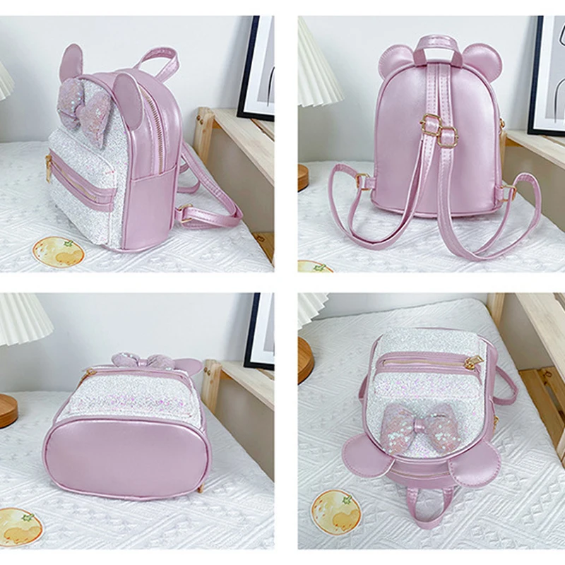 Disney Sequins Backpack Minnie Mouse Bow Fashion Glitter Backpacks Girls Kawaii PU Leather Travel Backpack Birthday Gifts 6