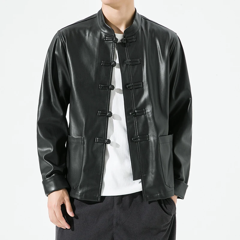

Men's Chinese Style Black Motorcycle Jacket 2022 Autumn Winter Men Casual Classic Pu Leather Coat Pu Leather Jackets Men