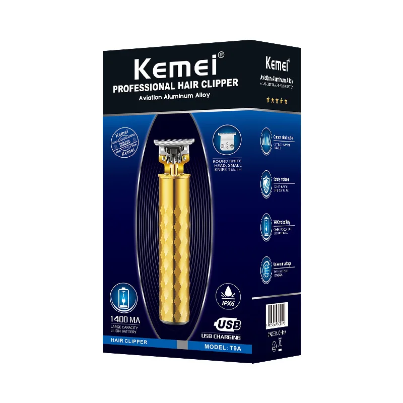 Kemei T9 Gold Hair Clipper Professional Electric Barber Zero Gapped Hair Trimmer 0mm Hair Cutting Machine Men USB Rechargeable 6