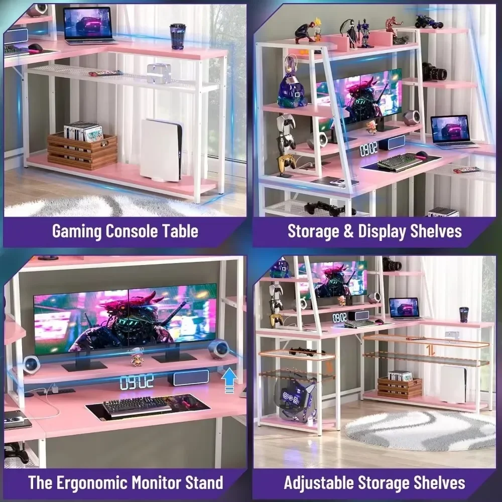L-Shaped PC Gaming Desk with LED Lights & Power Strips with Storage with Monitor Stand & Hook  63'' Large L Shaped Gaming Desk 5