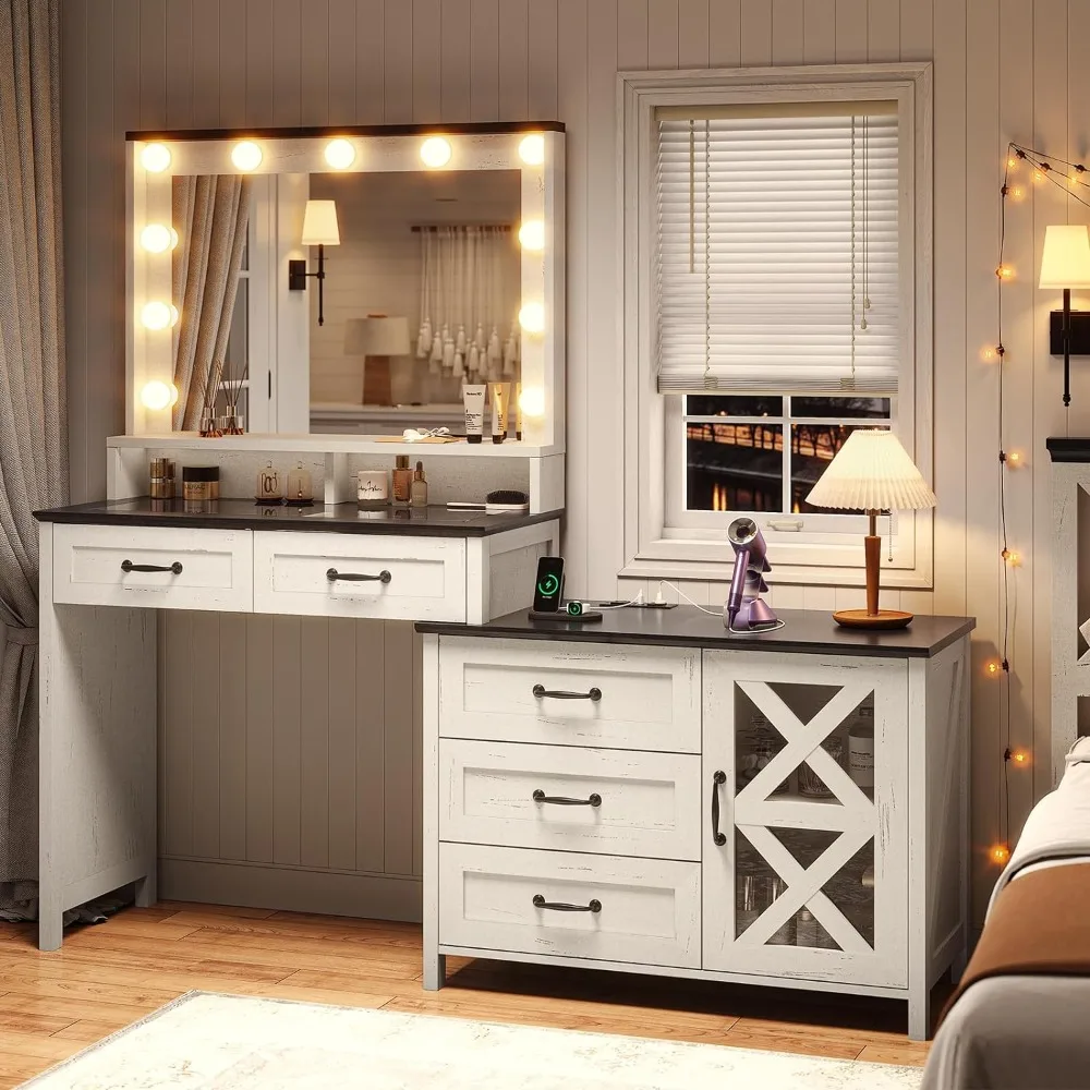 

Makeup Vanity Desk with Large Mirror and Lights, Glass Top Vanity Table with Charging Station, Farmhouse Makeup Desk with Drawer