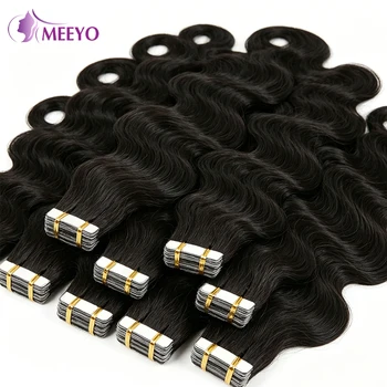 Tape In Hair Extensions 100% Real Remy Human Hair Body Wave Extensions Natural Black Invisible Tape on For Woman 16-26 Inches