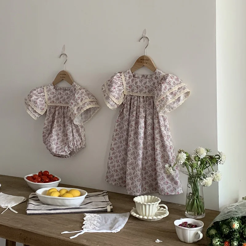 Family Matching Sister Outfit Kids Summer New Baby Girls Clothes Girl Dress Short Sleeve Floral Lace Baby Romper Princess Dress 6