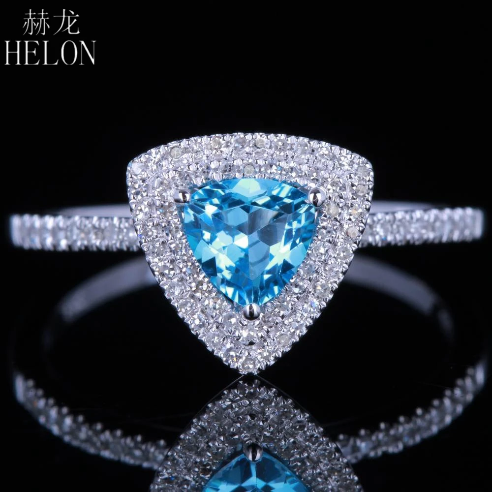 

HELON 5mm Trillion Cut Genuine Blue Topaz Solid 14k White Gold Ring Diamonds Two Halo Engagement Wedding Ring Women Fine Jewelry