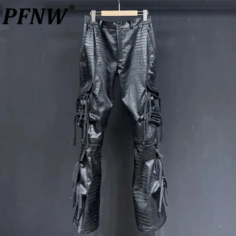 Men's Darkwear Flared Pants Pattern PU Leather Three-dimensional Multi Pocket Design Motorcycle Trousers Autumn 21Z3606
