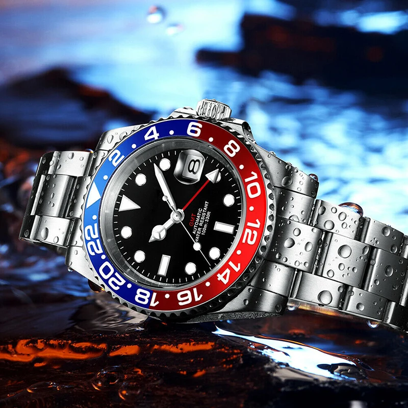 

Men's Automatic GMT Watch 40mm Bidirectional Rotating Ceramic Bezel Sapphire Glass Blue Luminous Multiple Time Zones Man Clock