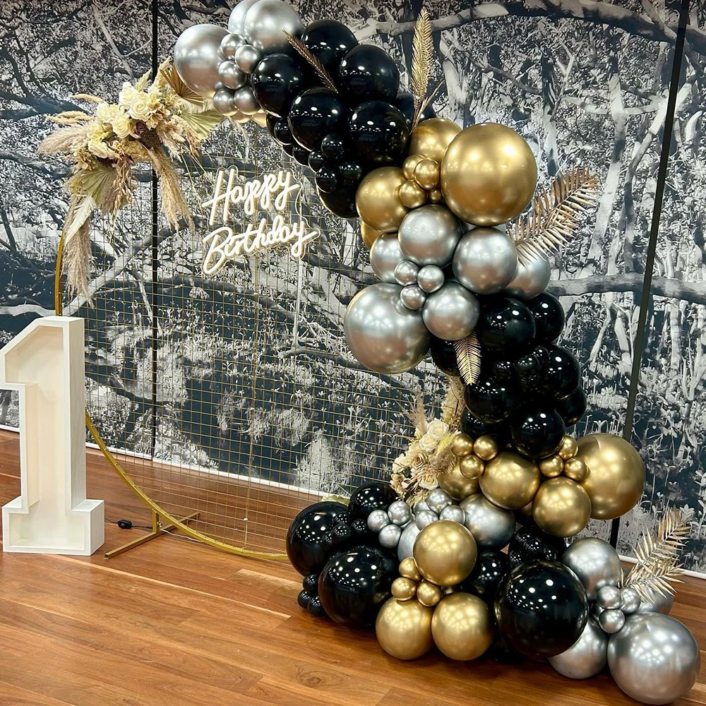 Black-Gold-Silver-Balloon-Garland-Arch-Kit-Metallic-Gold-Chrome-Silver ...